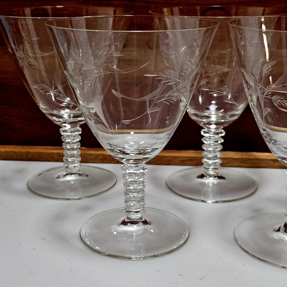 4 Etched Vines Leaves Water Glasses 5.5" ice tea stemware glass fine crystal Ele